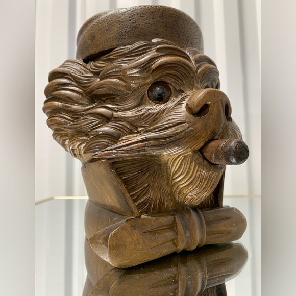 Antique Black Forest Carved Dog Head Cigar Humidor Tobacco Jar 1800s Switzerland - Picture 1 of 16